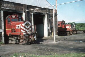 Delaware and Hudson Railway | Whitehall, New York | Alco C420 #405 and #408 diesel-electric locomotives | ex Lehigh Valley | Whitehall Engine House | August 1976 | Larry Steingarten photograph / collection