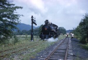 East Broad Top Railroad | Orbisonia, Pennsylvania | Baldwin Class 2-8-2 #15 narrow gauge steam locomotive | water plug | September 1960 | Henry Libby photograph / collection