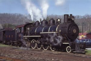 East Broad Top Railroad | Rockhill Furnace, Pennsylvania | Baldwin Class 2-8-2 #15 narrow gauge steam locomotive | May 2, 1982 | T.N. Colbert photograph | Stephen Timko collection