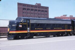 Kansas City Southern | Kansas City, Kansas | GMD FP9a #KCS-1 diesel-electric locomotive | ex VIA / CN #6504 | May 3, 2002 | Gordon Lloyd, Jr. photograph | Stephen Timko collection