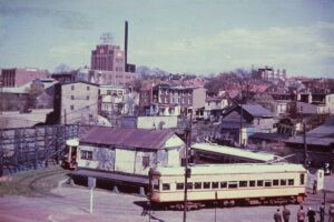 Lehigh Valley Transit | Norristown | Interurban Liberty Liner cars | at loop | Freight House | Lehigh Valley NRHS Chapter special | April 15, 1951 | Ara Mesrobian photograph | NRHS Collection