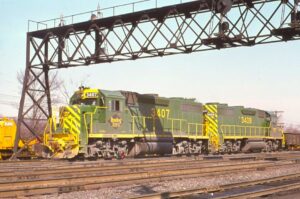 Reading Company | Abrams, Pennsylvania | EMD GP39-2 #3407 and 3408 diesel-electric locomotives | Signal Bridge | March 17, 1973 | Francis B. Landenberger Palmer photograph / collection
