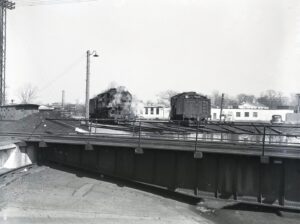 Central Railroad of New Jersey | Red Bank, New Jersey | Baldwin class 4-6-0 #756 Camelback steam locomotive | at Turntable | 1952 | R.L. Long photograph | West Jrersey Chapter, NRHS Collection