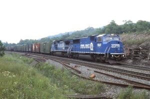 Conrail | Gallitzin, Pennsylvania | EMD SD60M #5549 + GE D8-40CW #6156 diesel-electric locomotives | WB #LMST | June 29, 1996 | Dick Flock photograph / collection