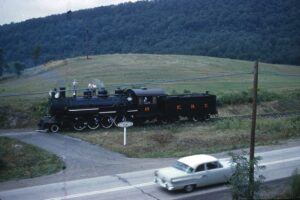 East Broad Top Railroad | Orbisonia, Pennsylvania | Baldwin class 2-8-2 #15 narrow gauge steam locomotive | along Route 522 | September 1960 | Henry Libby photograph / collection