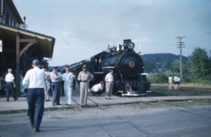 East Broad Top Railroad | Rockhill Furnace, Pennsylvania | Baldwin class 2-8-2 #15 narrow gauge steam locomotive | at Passenger Station | Steam special | September 1960 | Henry Libby photograph / collection