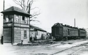 Pennsylvania Reading Seashore Lines | PRSL | Millville, New Jersey | Electric MU passenger set | SWIFT Tower | 1934 | G. Thomas photograph | West Jersey Chapter, NRHS Collection