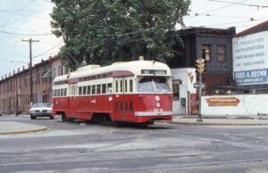 SEPTA | Southeastern Pennsylvania Transportation Authority | Philadelphia, Pennsylvania | Pullman Standard Company PCC Streetcar #2318 | ex – Birmingham, Alabama / Toronto | Route 60 | 5th and Allegheny | May 27, 1979 | Gerald Landau photograph | Morning Sun Books collection