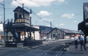 Baltimore and Ohio Railroad | McKeesport, Pennsylvania | Shanty Tower and Station platform | 1959 NRHS Convention | September 7, 1959 | Ara Mesrobian photograph | NRHS Collection