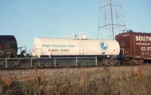 ACFX | American Car Foundry | Anglo-American Clays | Birmingham, Michigan | Tank car # ACFX 75298 | September 23, 1985 | Emery Gulash photograph | Stephen Timko collection