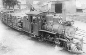 Bridgton and Saco River Railroad | Harrison, Maine | Class 0-4-0T #5 two-foot gauge steam locomotive | log train | 1930 | Derby Studio photograph | William McChesney collection