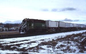 Burlington Northern Railroad | Spokane, Washington | EMD SD40-2 #3040 diesel-electric locomotive | westbound TV Train | November 24, 1988 | Dick Flock photograph / collection