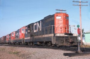 Canadien National Railway | Bishop Falls, Newfoundland, Canada | GMD Class NF210 #926 narrow gauge diesel-electric locomotive | September 1976 | Larry Steingarten photograph / collection
