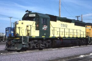 Chicago and Northwestern Railroad | Melrose Park, Illinois | EMD GP40 #5502 diesel-electric locomotive | Proviso Yard | October 1, 1990 | Bruno Brezins photograph | Stephen Timko collection