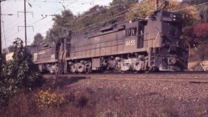 Conrail | Metuchen, New Jersey | GE Class E44 #4455 + 4433 electric motors | freight service | September 1976 | Andrea Vibbert photograph | Mitchell E. Dakelman collection
