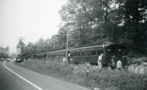East Broad Top Railroad | Saltillo, Pennsylvania | Baldwin class 2-8-2 #15 narrow gauge steam locomotive | NARCO Branch | Special North Jersey chapter NRHS excursion | June 28, 1951 | Howard Johnston photograph | North Jersey Chapter NRHS Collection