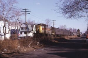 Erie Lackawanna Railway | Hackensack, New Jersey | Alco RS3 #909 diesel-electric locomotive | Commuter Train | Anderson Street | February 1970 | Ken Kulick photograph / collection