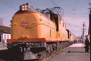 Chicago, Milwaukee, Saint Paul and Pacific Railroad | aka Milwaukee Road | Deer Lodge, Montana | GE E1 electric motor | Train 16 Olympian Hiawatha | April 30, 1958 | Richard Wallin photograph | Charles Anderson collection