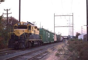 New York Susquehanna and Western Railroad | Cranford, New Jersey | EMD GP18 #1800 diesel-electric locomotive | on Staten Island Railroad | November 1985 | Frank Etzel photograph / collection