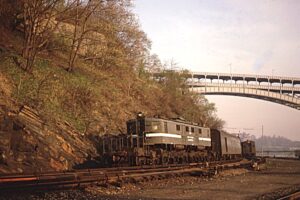 New York Central System | Bronx (Spuyten Duyvil), New York | GE P2b #240 electric-motor | westbound passenger train | April 18, 1968 Allan H. Roberts photograph | Mitchell E. Dakelman collection