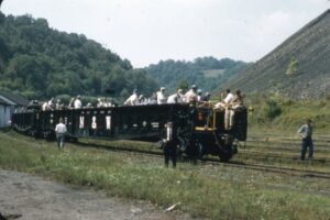 Norfolk and Western Railway | Blacksburg, Virginia | Gondola cars used for passenger extra | 1957 NRHS Convention | September 2, 1957 | Henry Libby photograph / collection