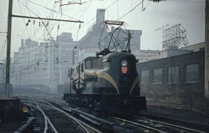 Pennsylvania Railroad | Philadelphia, Pennsylvania | Altoona Works class GG1 #4803 electric motor | November 21, 1953 | John Dziobko, Jr. photograph | Richard Prince Collection