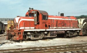 Toledo, Peoria and Western Railroad | East Peoria, Illinois | Alco RS3 #202 diesel-electric locomotive | July 4, 1976 | Gerald Bernet photograph | Morning Sun Books collection