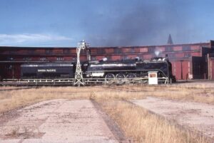 Union Pacific Railroad | Cheyenne, Wyoming | Class FEF 4-8-3 #8444 steam locomotive | on Turntable by Roundhuse | October 2, 1977 | John Wilson photograph / collection