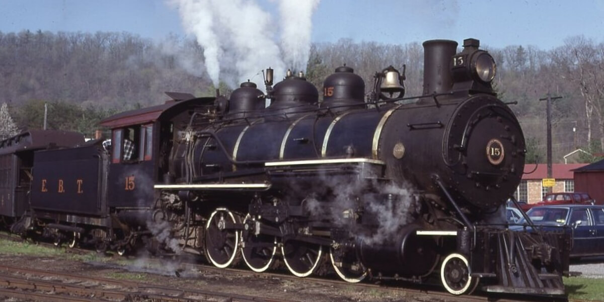 East Broad Top Railroad | Rockhill Furnace, Pennsylvania | Baldwin Class 2-8-2 #15 narrow gauge steam locomotive | May 2, 1982 | T.N. Colbert photograph | Stephen Timko collection