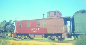 Atchison Topeka and Sante Fe Railroad | Southern California Railroad Museum | Perris, California | ACF Wood sided caboose #1421 | September 20, 1970 | H.B. Olsen photograph / collection
