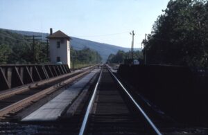 Baltimore and Ohio Railroad | Hyndman, Pennsylvania | Q Tower | Little Wills Creek through girder bridge | August 1994 | Mitchell E. Dakelman photograph / collection