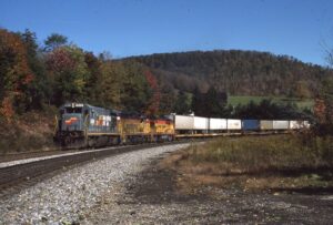 CSX Transportation | Seaboard Coast Line | Chessie System | Mance, Pennsylvania | GE B36-7 #5869 + 2 | westbound TV Train | October 14, 1988 | Carl Perelman photograph | Frank Etzel collection