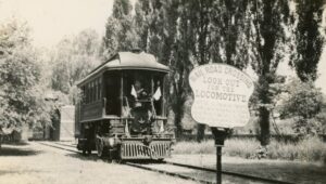 Lehigh Valley Railroad | Kingston, Pennsylvania | Wilkes-Barre Shops 4-2-4 Inspection steam locomotive “Dorothy” | Owner John B. Vaughn in cab | Look out for the Locomotive iron sign | June 1, 1935 | Carl Graves photograph | Willoam McChesney collection