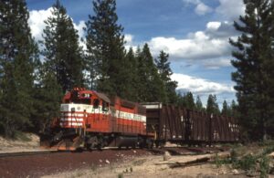 McCloud River Railroad | McCloud, California | EMD SD38-2 #39 diesel-electric locomotive | Wood chip train | July 11, 1988 | Carl Perelman photograph | Frank Etzel collection