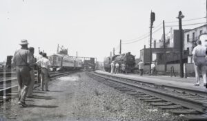 New York, New Haven and Hartford Railroad | New London, Connecticut | Class 2-8-2 #3016 steam locomotive | Photo Special | Budd RDC passenger set | July 19, 1953 | Milton Paul Baline photograph | Henry Libby collection
