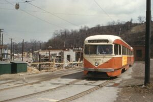 Pittsburgh Railways Company | McKeesport, Pennsylvania | PCC Streetcar #1695 | Route 87 | Pirl Loop | NRHS Special Excursion | April 15, 1962 | Harold Buckley, Jr. photograph / collection