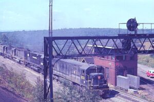 Penn Central Transportation | GE U30C #6538 (PRR) plus 3 diesel-electric locomotives | Eastbound freight at AR Tower | October 1968 | Ken Kulick photograph / collection