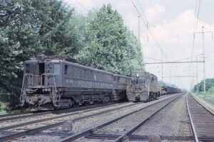 Pennsylvania Railroad | Newark, Delaware | Altoona Works class P5 #4700 + P5a #4737 and #4783 electric motors, and Baldwin Diesel-electric road switcher | westbound freight FJ2 | July 18, 1964 | unknown photographer | Mitchell E. Dakelman collection