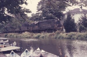 Pennsylvania Railroad | Bel – Del | Titusville, New Jersey | Alco RS11 #7633 + 2 diesel-electric locomotives | northbound freight | along Delaware & Raritan feeder canal | October 1967 | Ken Kulick photograph / collection