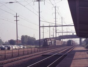 Penn Central Transportation Company | Levittown, Pennsylvania | Altoona Works GG1, no number listed | Train #25 Duquesne, westbound | August 1969 | Ken Kulick photograph / collection