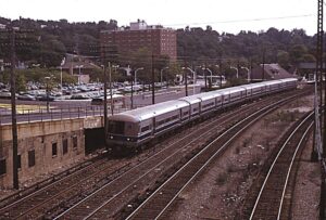 Penn Central Transportation Company | Metropolitan Transit Authority | Tarrytown, New York | Westbound Croton Harmon bound commuter MU electric train | August 1974 | Ken Kulick photograph / collection