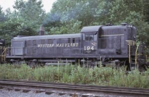 Western Maryland Railway | Williamsport, Maryland | Alco Hi-hood RS3 #194 diesel-electric locomotive | July 21, 1973 | Charles Anderson photograph | West Jersey Chapter, NRHS, Collection