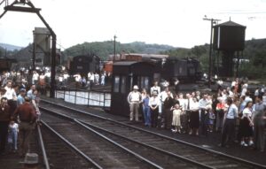 Lehigh and New England Railway | Tamaqua, Pennsylvania | Arlington Yard Turntable | Passengers waiting to see Reading steam locomotive | NRHS Fan trip | June 5, 1949 | William Echternacht, Jr. photograph / collection