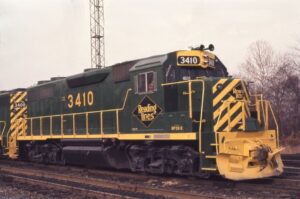 Reading Company | Abrams, Pennsylvania | EMD GP39-2 #3410 diesel-electric locomotive | December 15, 1974 | J.D. Hahn photograph | Francis B. Landenberger Palmer collection