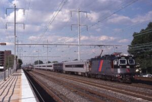 New Jersey Transit | Linden, New Jersey | ALP44 #4402 electric motor | Long Branch bound commuter train | June 24, 1991| Frank Etzel photograph / collectiopn