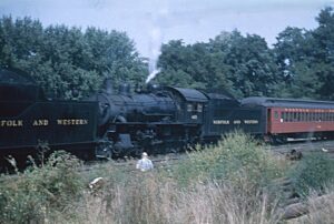 Norfolk and Western Railway | Blacksburg, Virginia | Class M 4-8-0 #405 steam locomotive | NRHS Convention steam special | September 2, 1957 | Tom Donahue photograph | Mitchell E. Dakelman collection